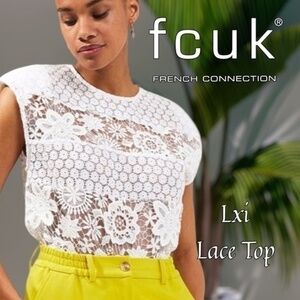 FRENCH CONNECTION White All Over LACE Semi Sheer Short Cap Sleeve Top-LG/NWT